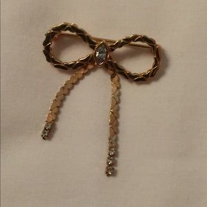 Vintage Gold-Tone and Rhinestone Bow Brooch